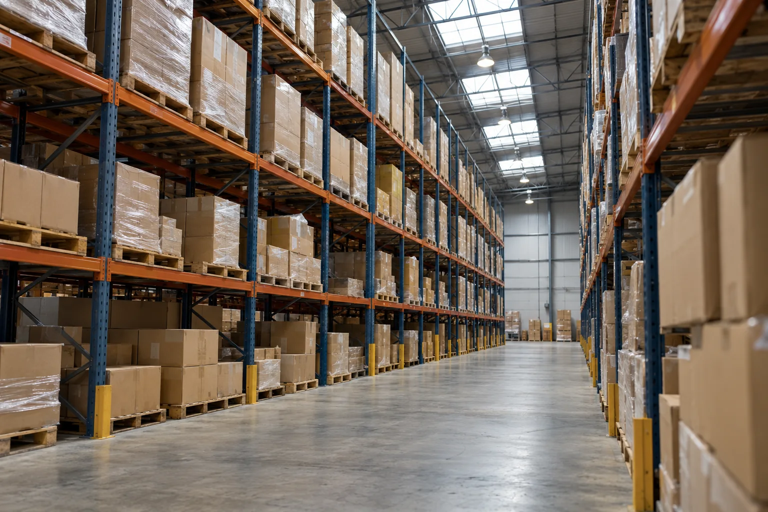Illustrative AI-generated warehouse aisle with pallet racks and boxed goods
